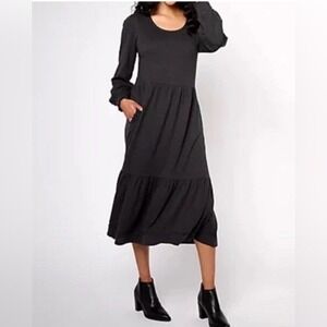 Canyon‎ Retreat BOHO Black Long Sleeve Tiered Midi Dress Pockets Size 1X / #1142